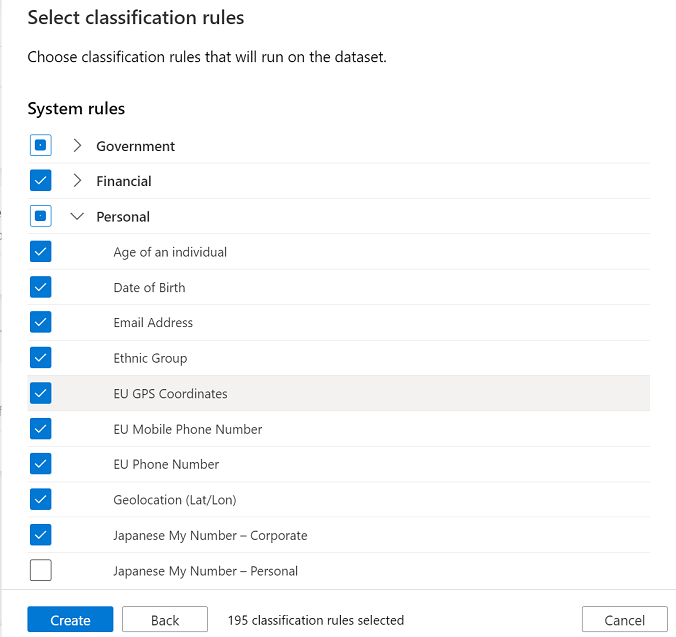 Screenshot that shows a list of classification rules for a scan rule set.