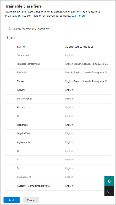 Options for trainable classifiers and sensitivity labels.