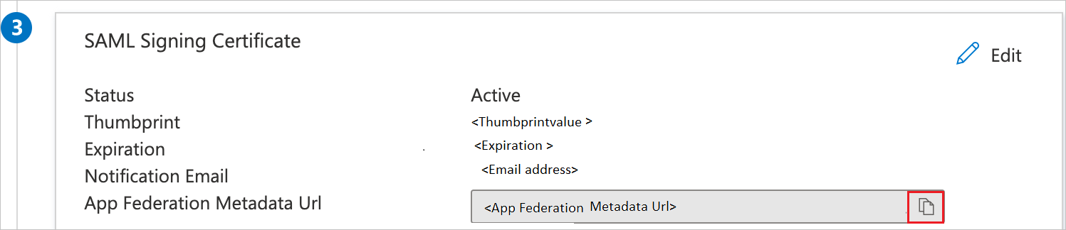 Screenshot of the "SAML Signing Certificate" Copy button.