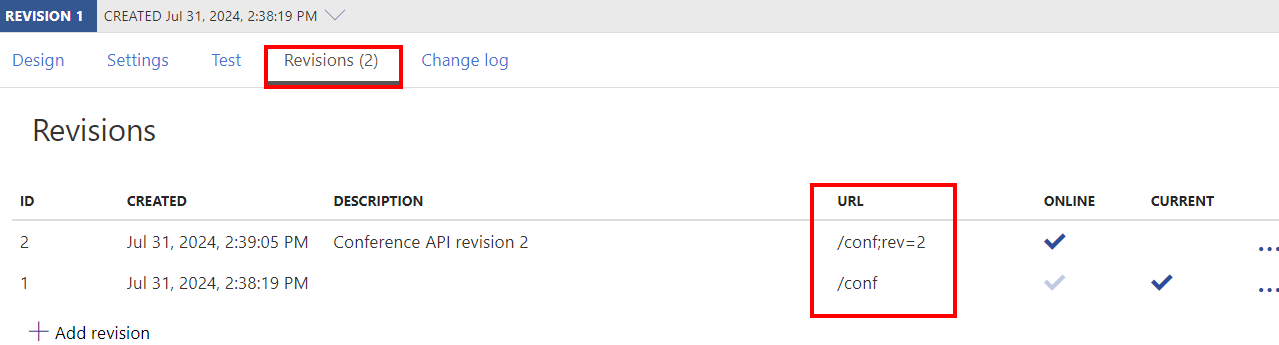 Screenshot of revision URLs in the portal.