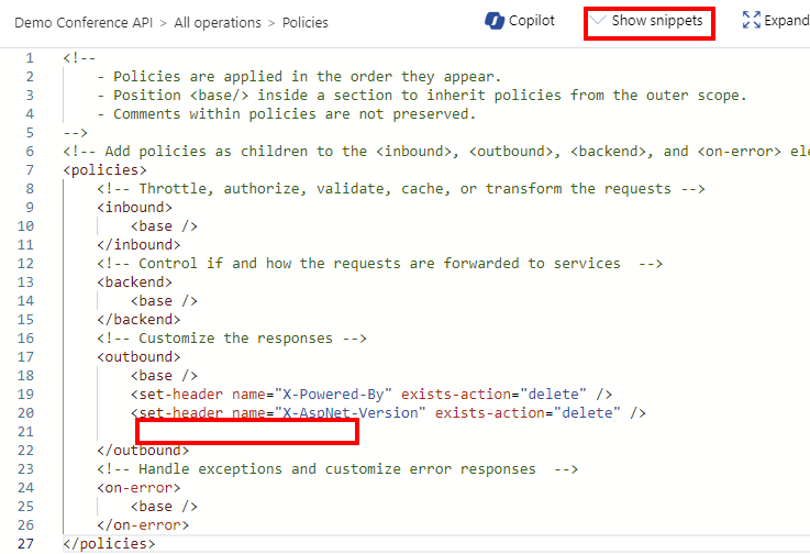 Screenshot of selecting show snippets in outbound policy editor in the portal.
