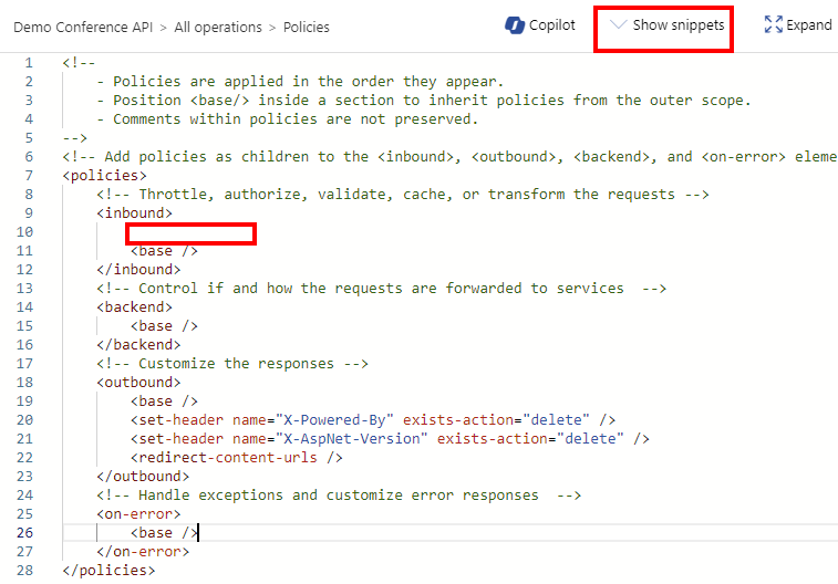 Screenshot of selecting show snippets in inbound policy editor in the portal.