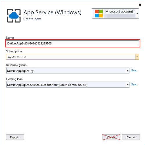 Create app service dialog