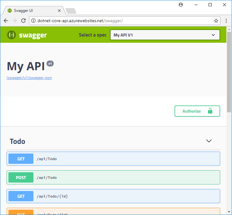 Screenshot of an ASP.NET Core API running in Azure App Service.