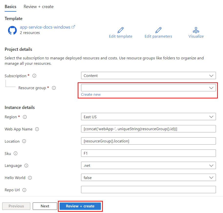 Screenshot of the ARM Template in the Azure portal.