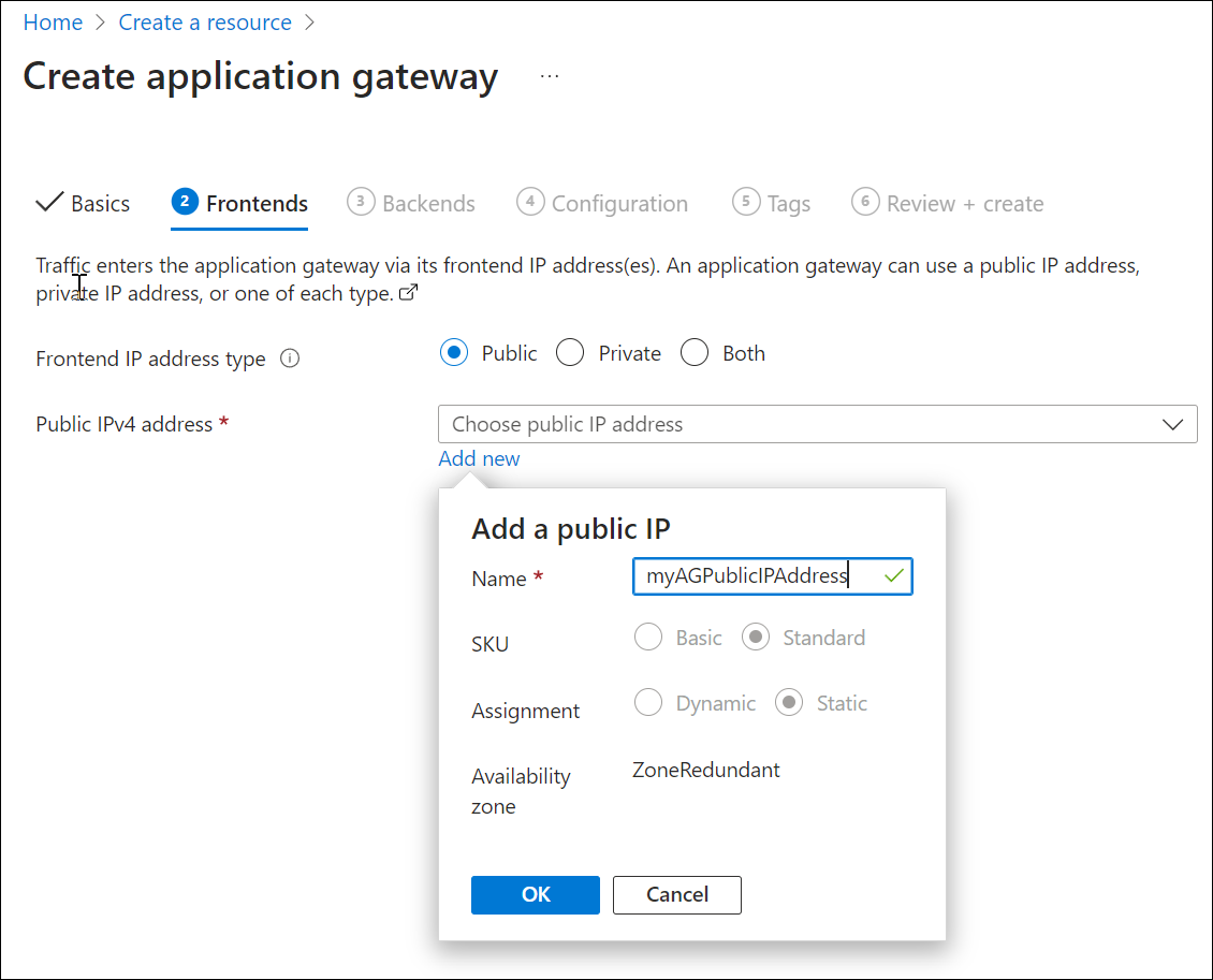 Screenshot of creating a new application gateway frontends.