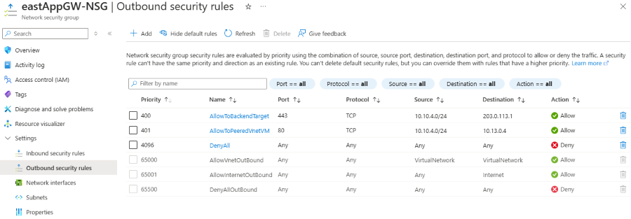 Screenshot of outbound security rules for application gateway.