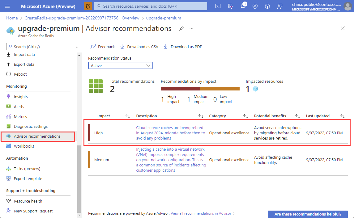 Screenshot that Advisor recommendation to migrate cache from cloud services.