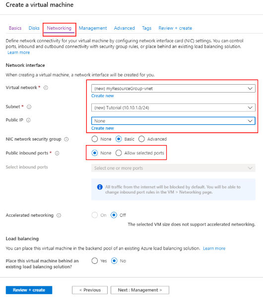 Screenshot that shows the "Networking" tab with the "Create new" action highlighted in the "Virtual network" section.