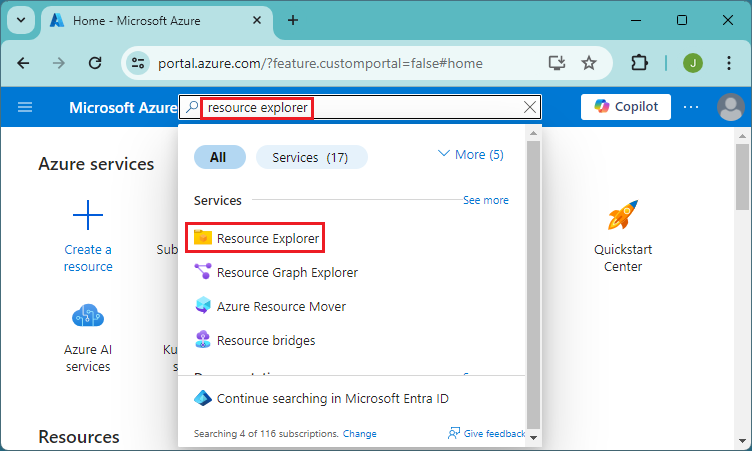 Screenshot of selecting All services in the Azure portal to access Resource Explorer.