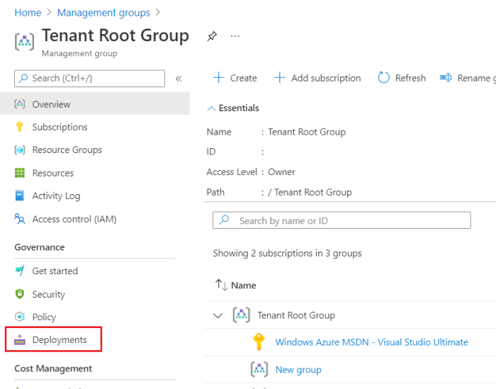 Screenshot of management group overview that shows deployment option.