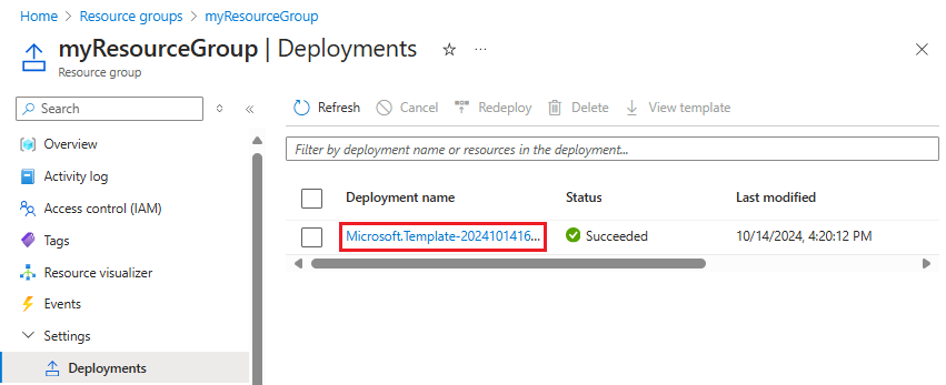 Screenshot of selecting a specific deployment from deployment history in Azure portal.