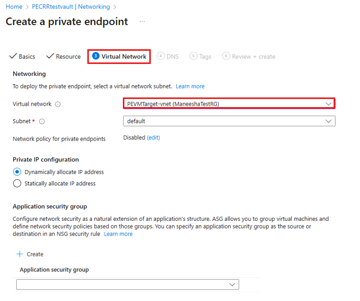 Screenshot shows how to select the virtual network of the target VM for Cross Region Restore.