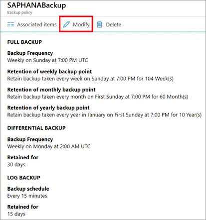 Screenshot that shows the 'Modify' button for changing the backup policy.