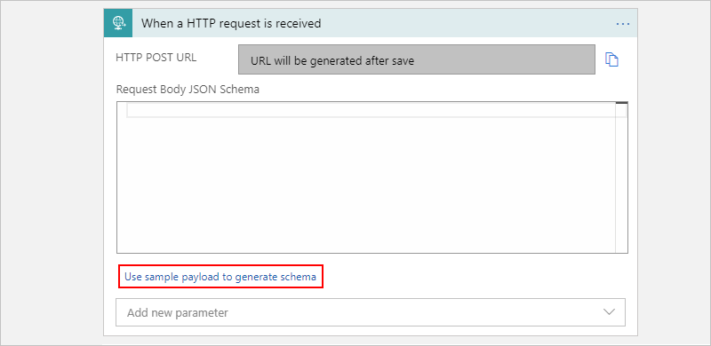 Screenshot showing Consumption workflow, Request trigger, and "Use sample payload to generate schema" selected.