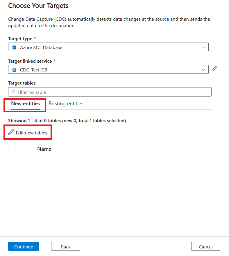 Screenshot of the tab to create new tables for your target.