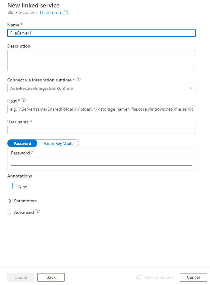 Screenshot of configuration for File System linked service.