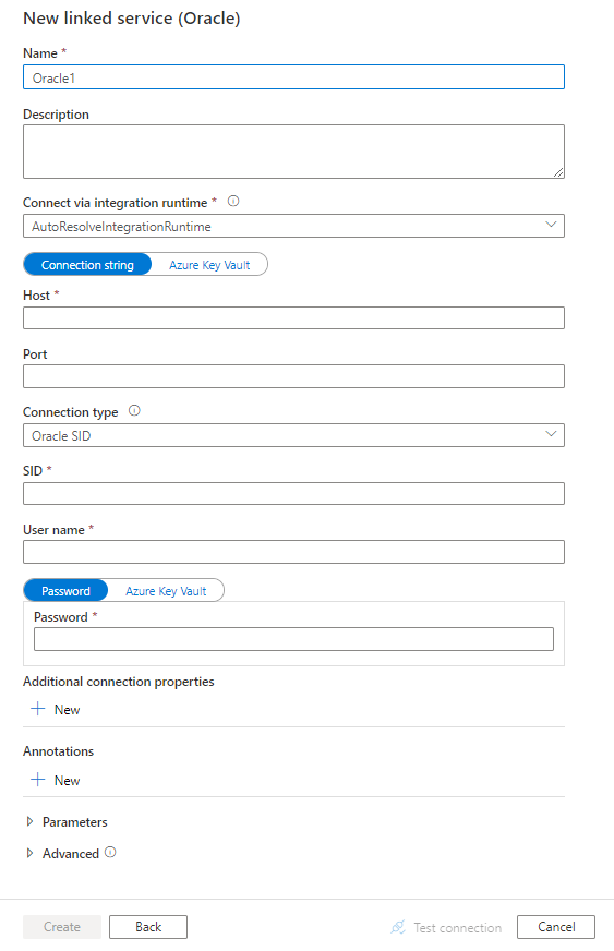 Screenshot of linked service configuration for Oracle.