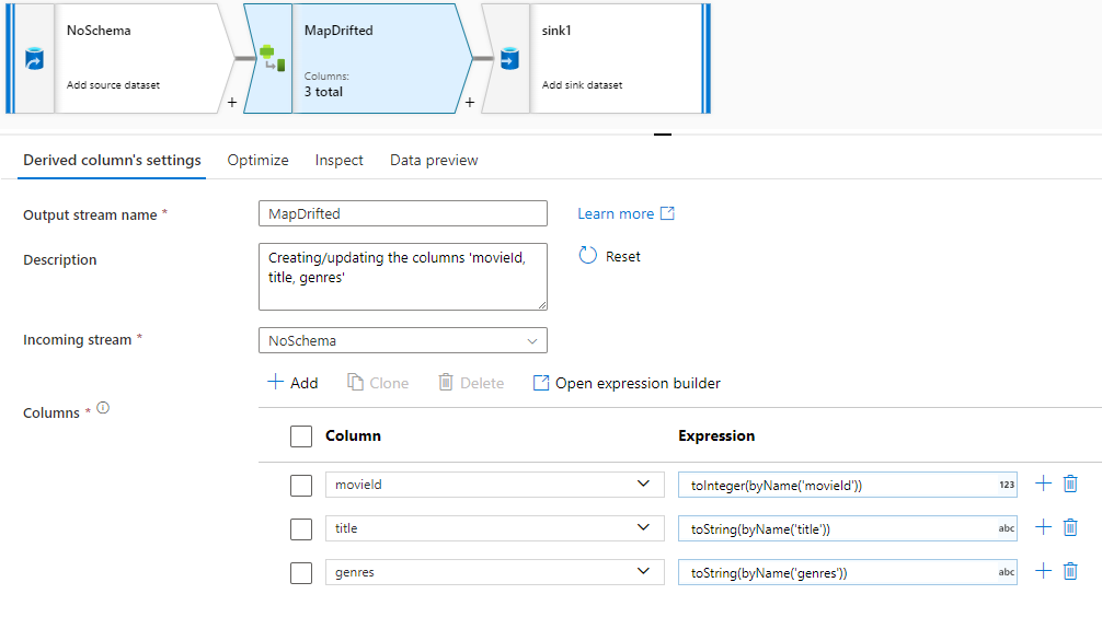 Screenshot shows the Derived Column's Settings tab.