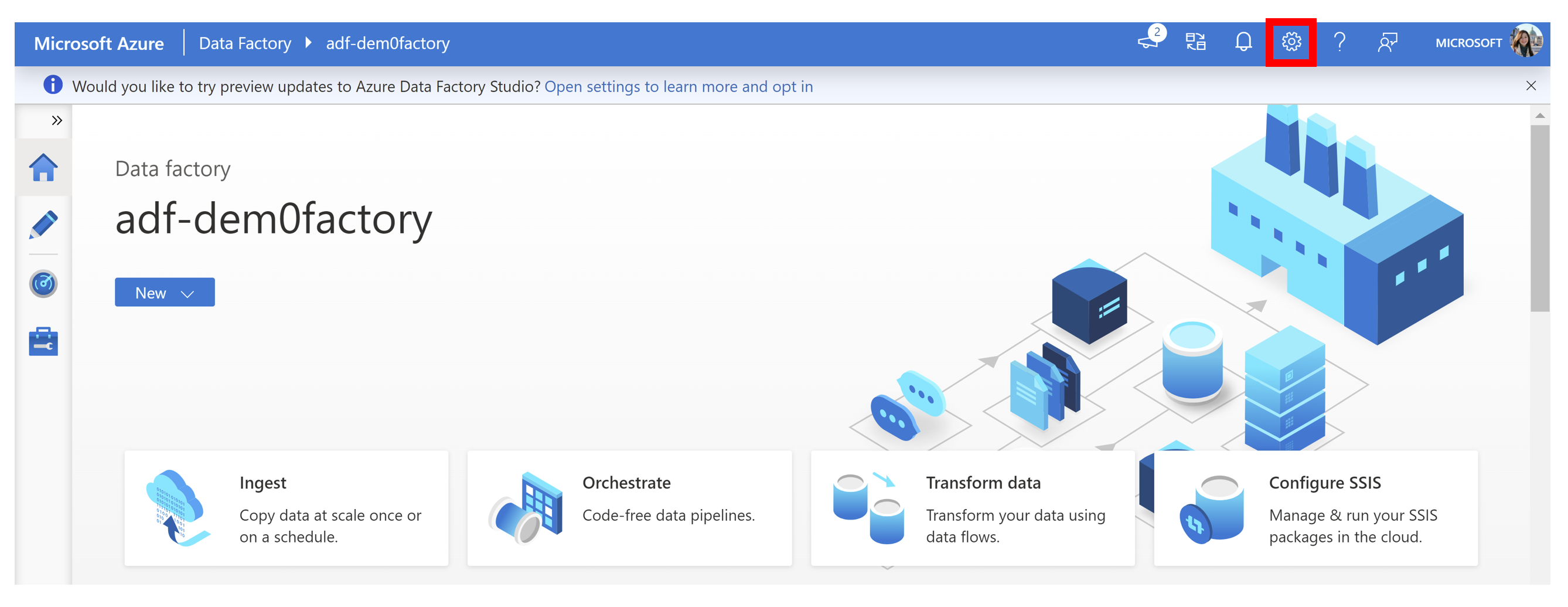 Screenshot of Azure Data Factory home page highlighting Settings gear in top right corner.