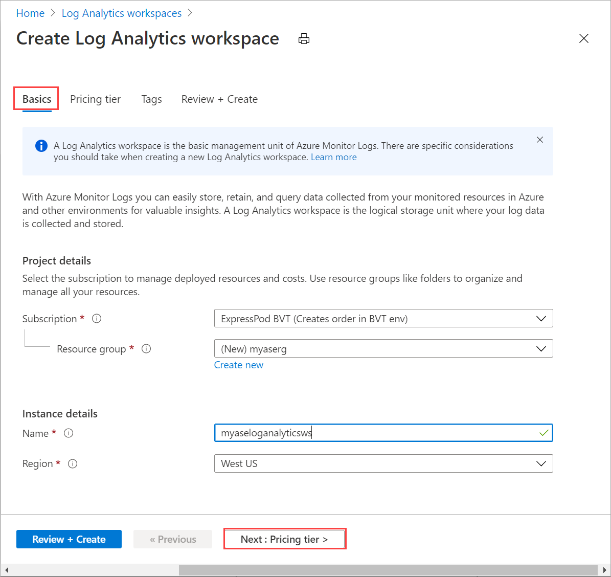 Basics tab for Log Analytics workspace