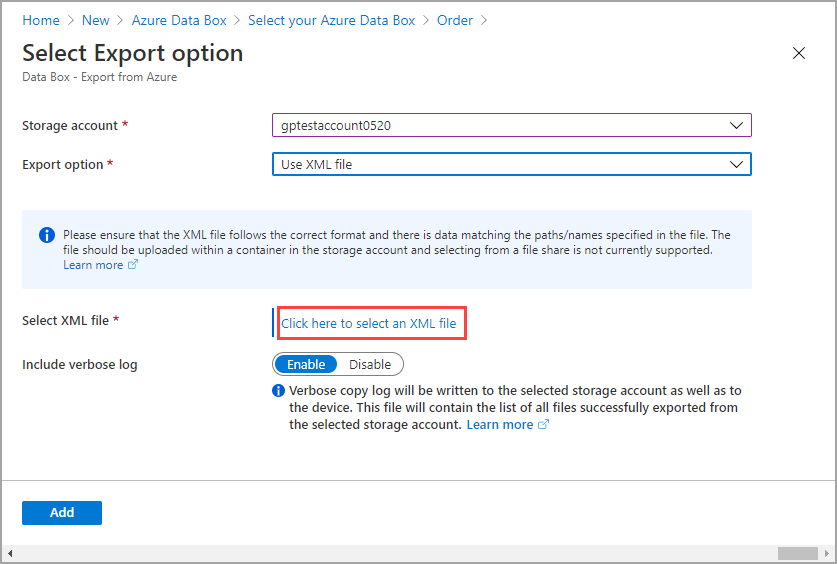 Select Export option, XML