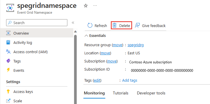 Screenshot showing how to delete an Event Grid namespace.