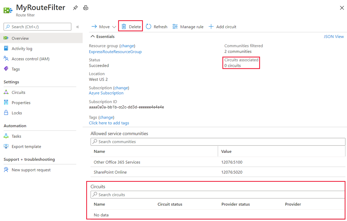 Screenshot that shows how to delete a route filter.