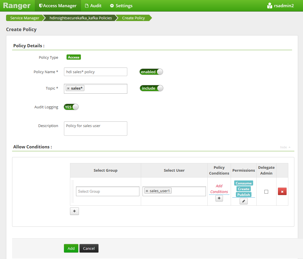 Screenshot that shows the Apache Ranger Admin UI Create Policy 1.