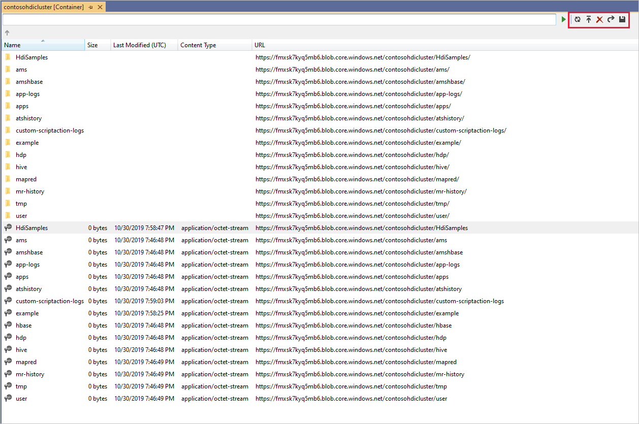 Container list and blob operations, HDInsight cluster, Visual Studio.