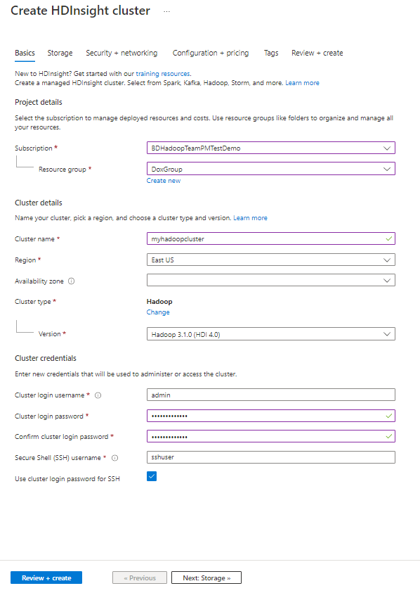 Screenshot showing HDInsight 4.0 create cluster basics.