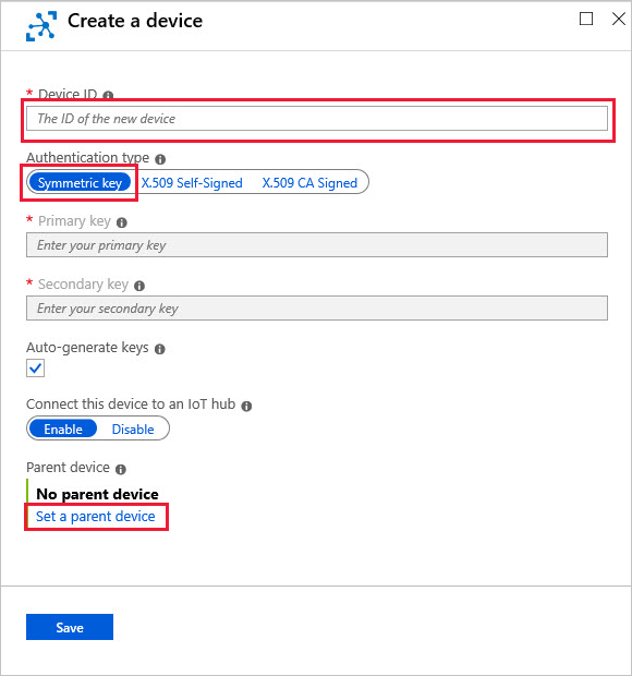 Screenshot of how to create a device ID with symmetric key authorization in the Azure portal.