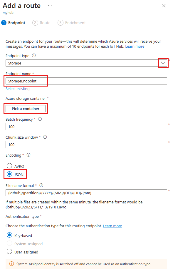 Screenshot that shows the Add a storage endpoint pane with the correct options selected.