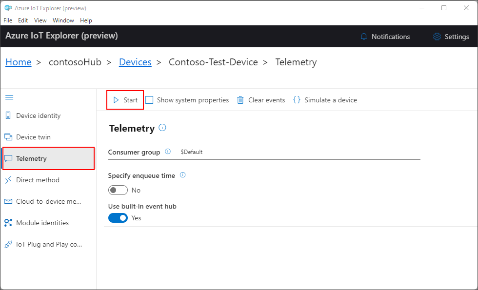 Start monitoring device telemetry in IoT Explorer.