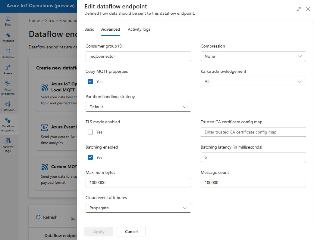 Screenshot using operations experience to set Kafka dataflow endpoint advanced settings.