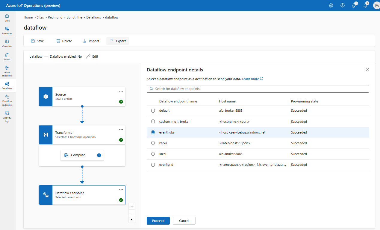 Screenshot using operations experience to select Event Hubs destination endpoint.