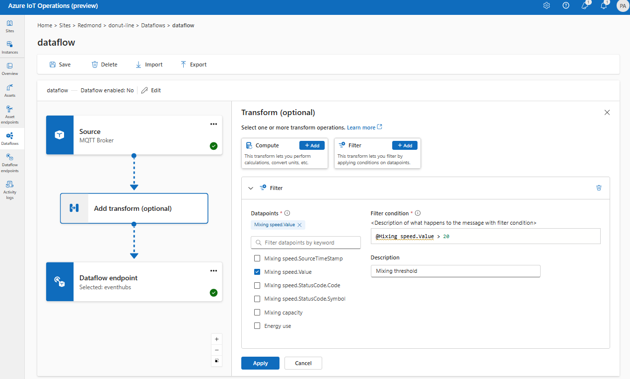 Screenshot using operations experience to add a filter transform.