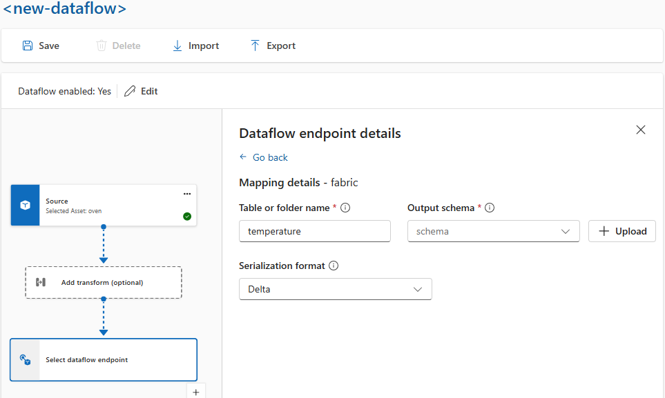 Screenshot using the operations experience to set the data flow destination endpoint serialization.