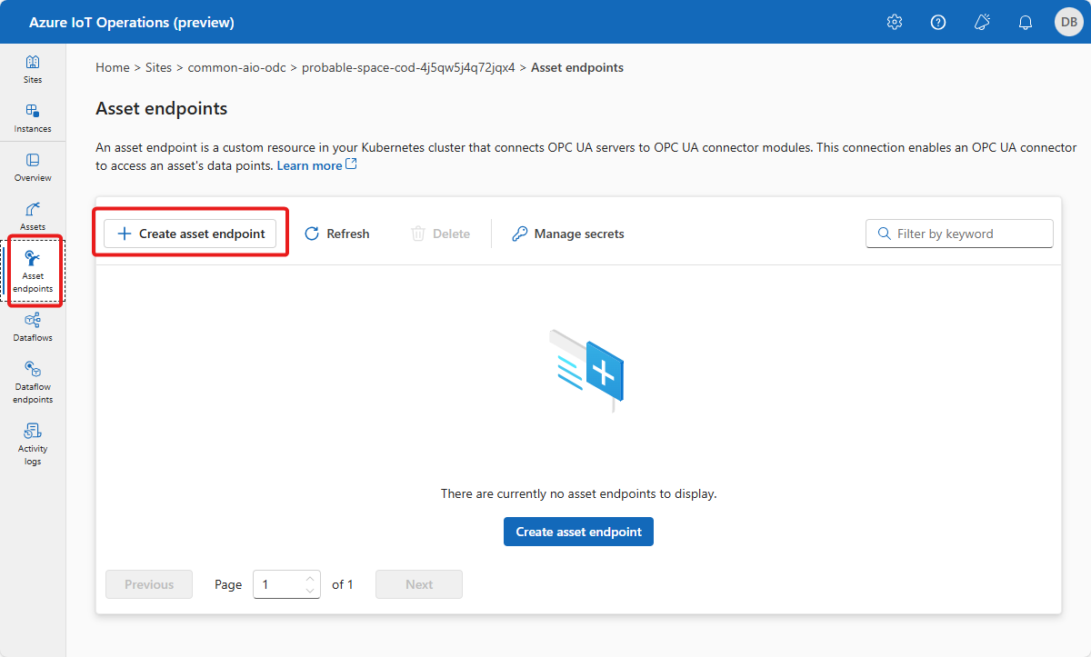 Screenshot that shows the asset endpoints page in the operations experience.