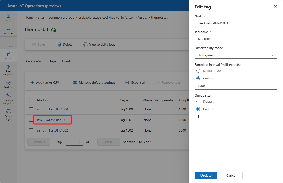 A screenshot that shows how to update an existing tag in the operations experience.