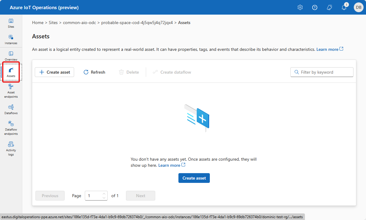Screenshot that shows an empty Assets tab in the operations experience.