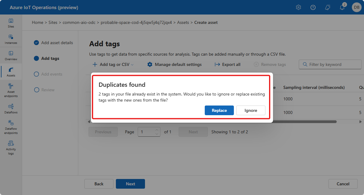 A screenshot that shows the error message when you import duplicate tag definitions in the operations experience.