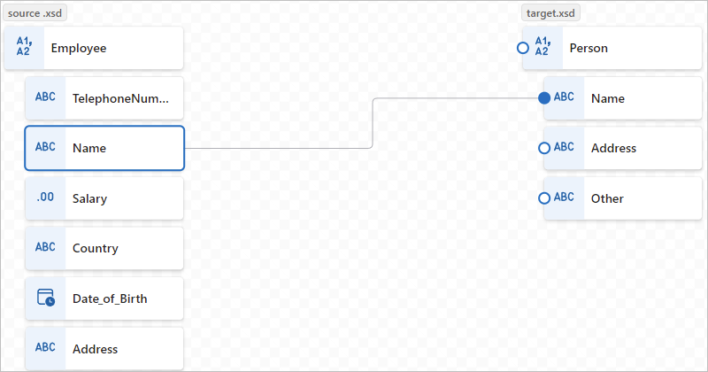 Screenshot showing the data map and drawing a connection between Name array items in the source and target arrays, Employee and Person, respectively.