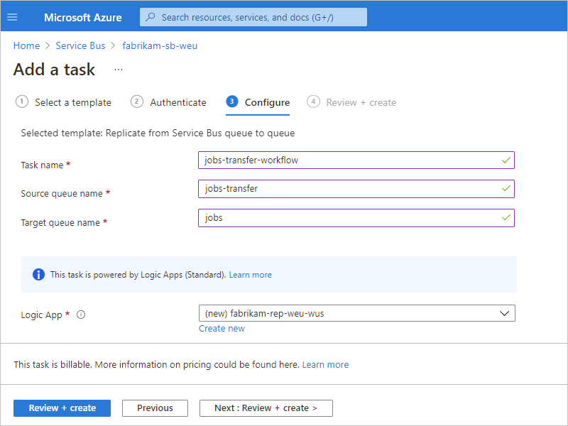 Screenshot showing "Add a task" pane with replication task information, such as task name, source and target queue names, and name to use for the logic app resource.