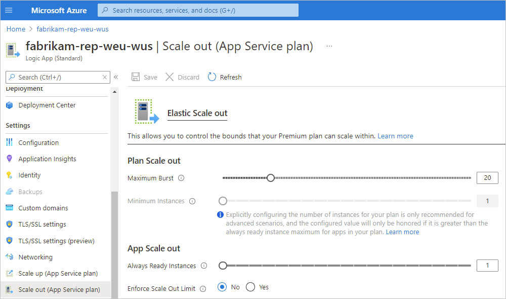 Screenshot showing the hosting plan settings for maximum bursts, minimum instances, always ready instances, and scale out limit enforcement.