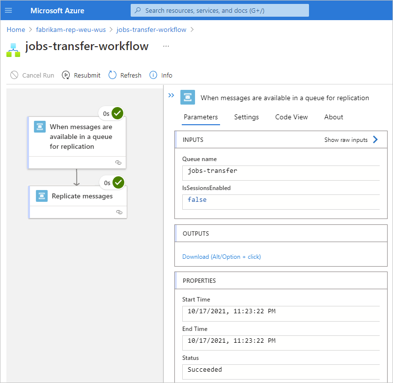 Screenshot showing the trigger inputs, outputs, and properties.