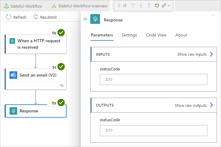 Screenshot shows status for each step in updated workflow plus inputs and outputs in expanded Response action.