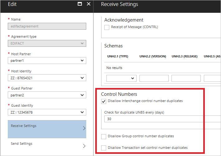 Screenshot that shows the duplicate check settings in your EDIFACT agreement's Receive Settings.