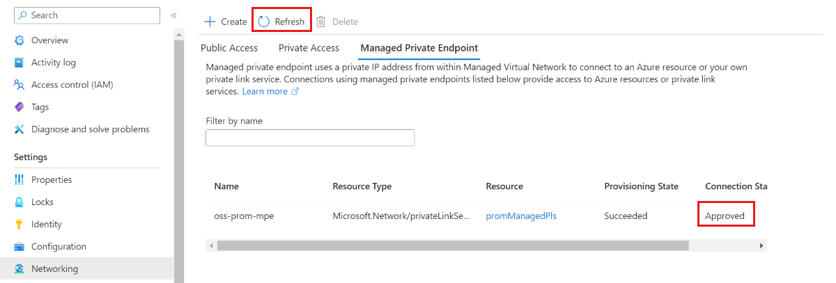 Screenshot of the Azure platform showing the Refresh button.