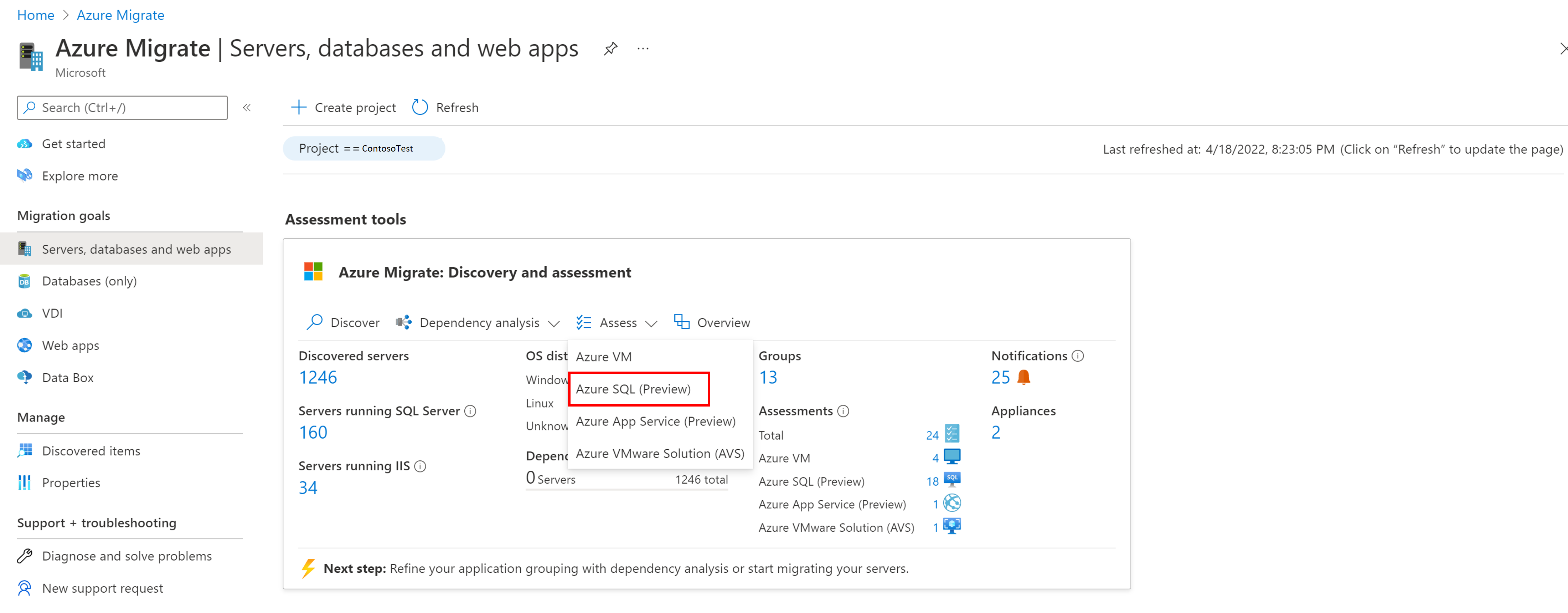 Screenshot of Dropdown to choose assessment type as Azure SQL.